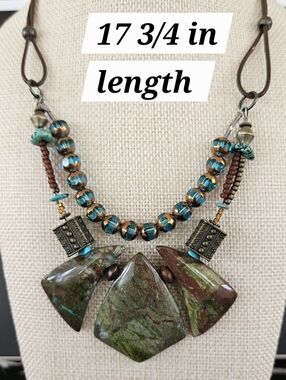 Bohemian Green Stone And Leather Statement Necklace - Hand Crafted